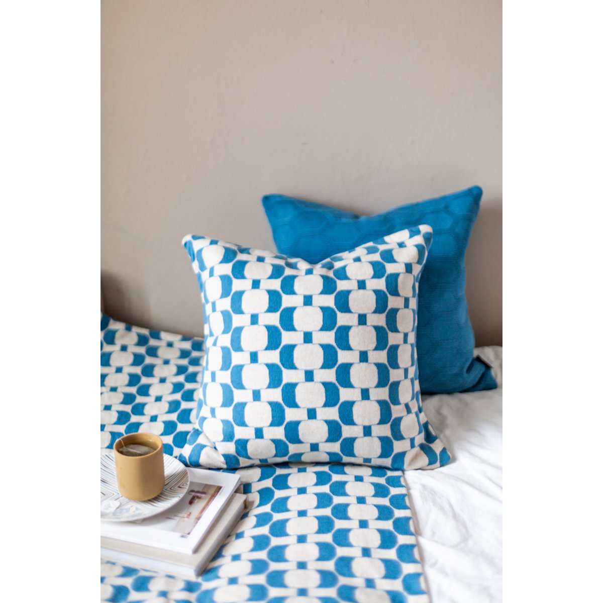 Edith cushion cover blue, soft jacquard knitted cotton