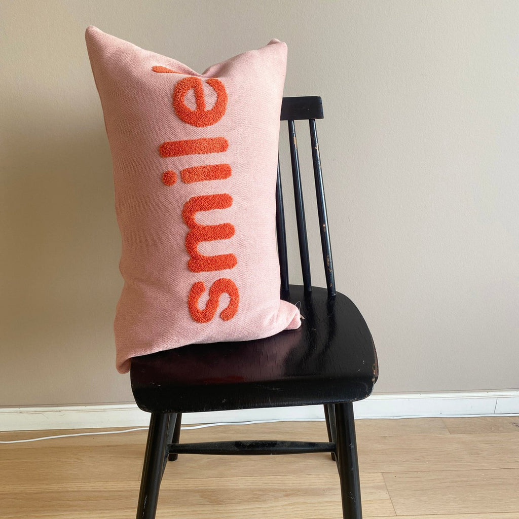 Smile cushion pink, punch needle embroidery