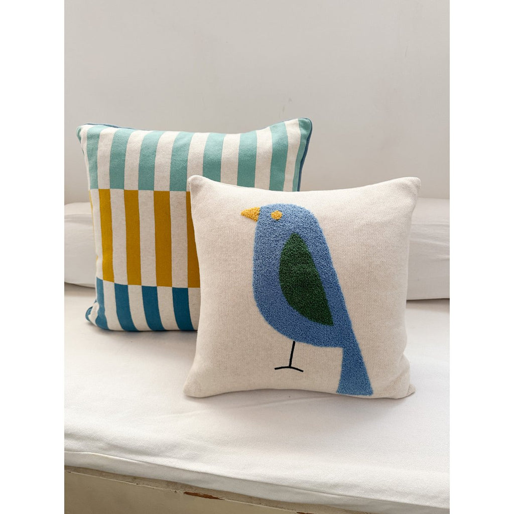 Birdy cushion blue, soft cotton knitted with punch needle embroidery