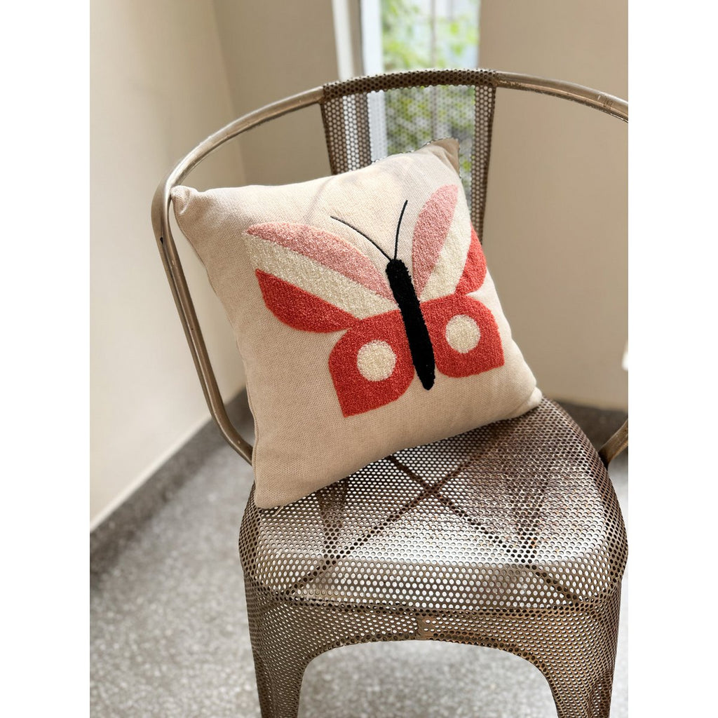 Butterfly cushion pink, soft cotton knitted with punchneedle embroidery.