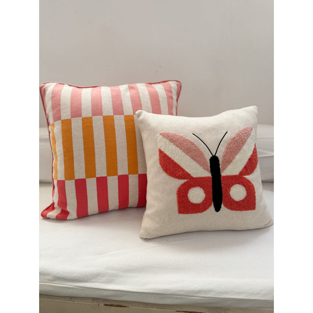 Butterfly cushion pink, soft cotton knitted with punchneedle embroidery.
