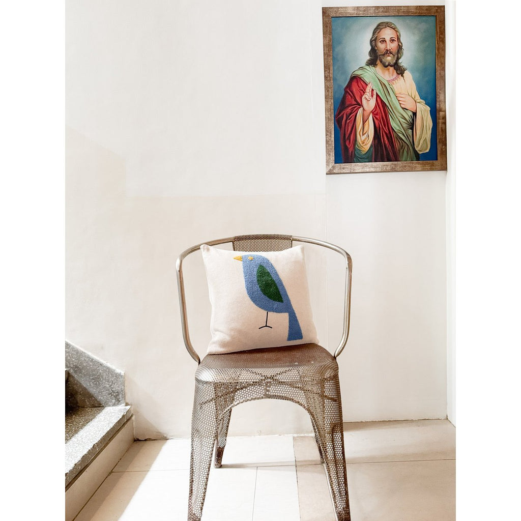 Birdy cushion blue, soft cotton knitted with punch needle embroidery