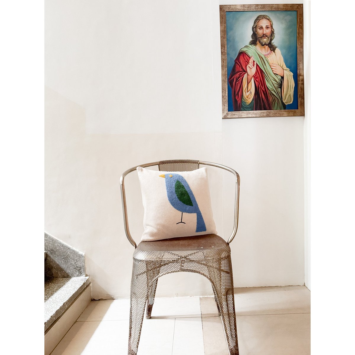 Birdy cushion blue, soft cotton knitted with punch needle embroidery