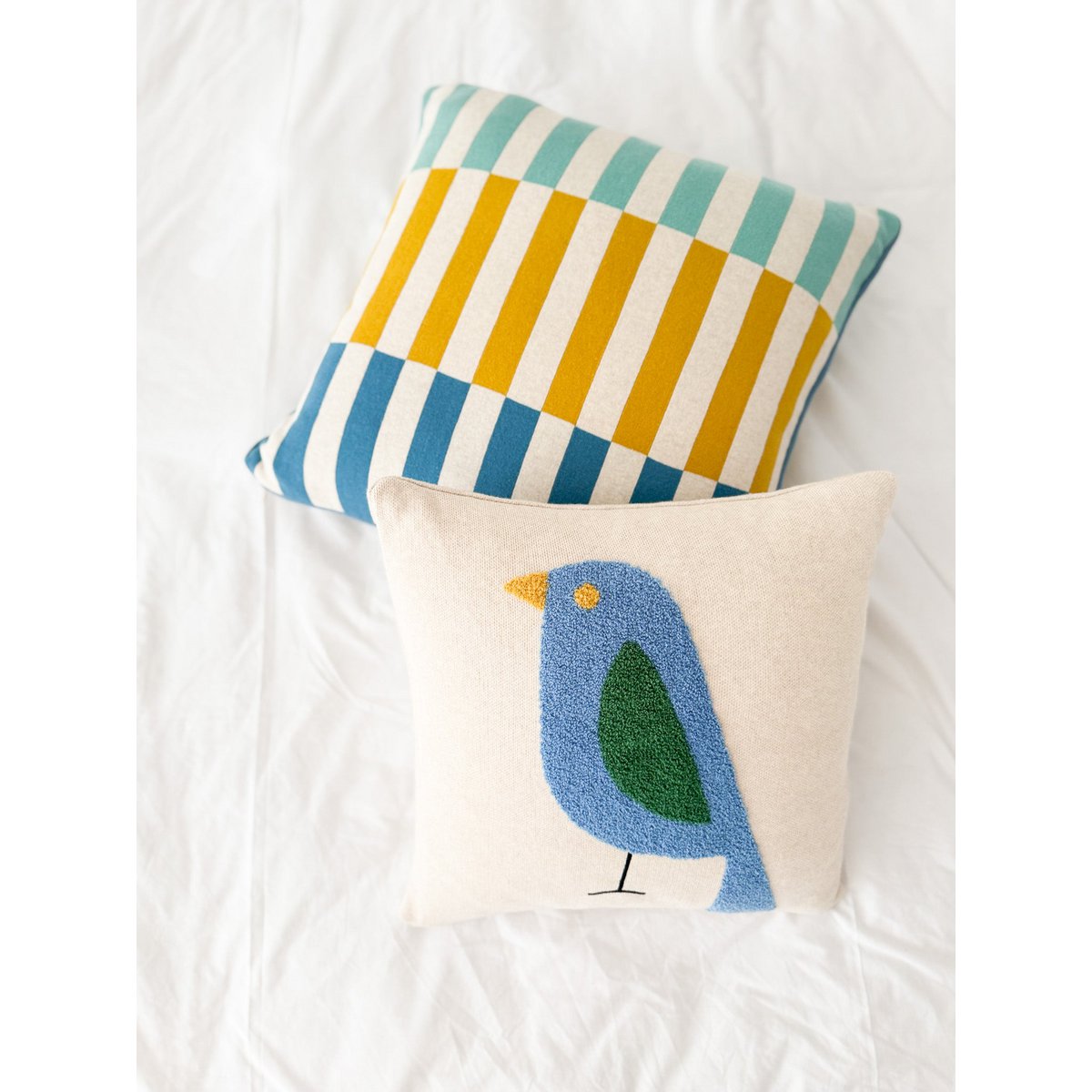 Birdy cushion blue, soft cotton knitted with punch needle embroidery