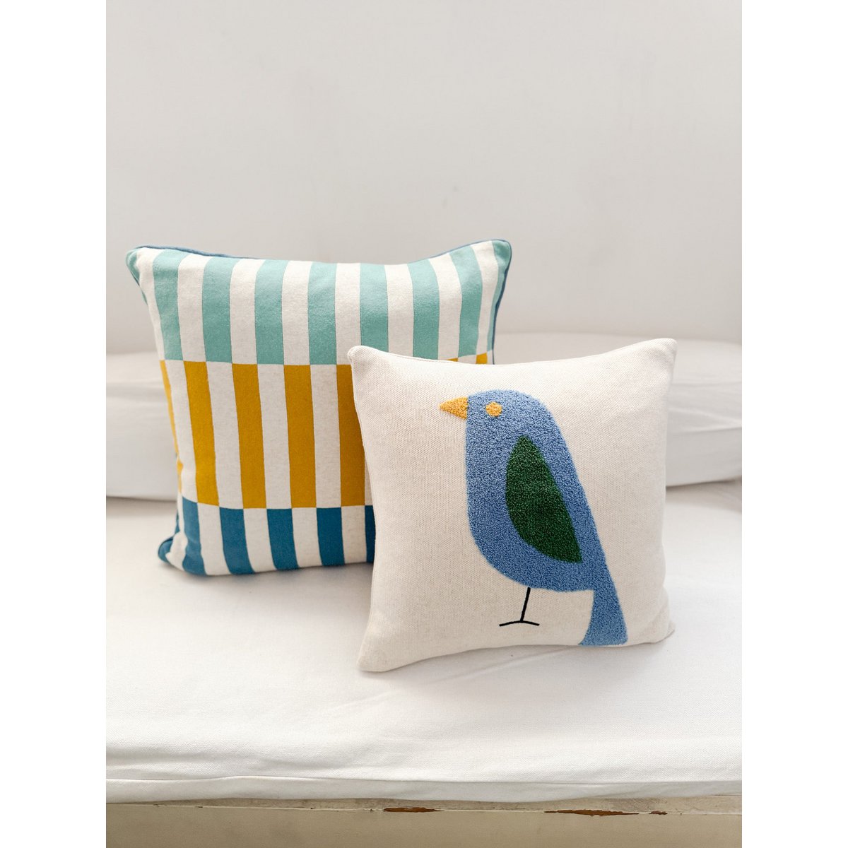 Birdy cushion blue, soft cotton knitted with punch needle embroidery