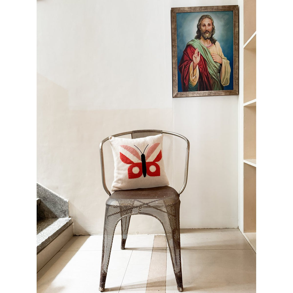 Butterfly cushion pink, soft cotton knitted with punchneedle embroidery.