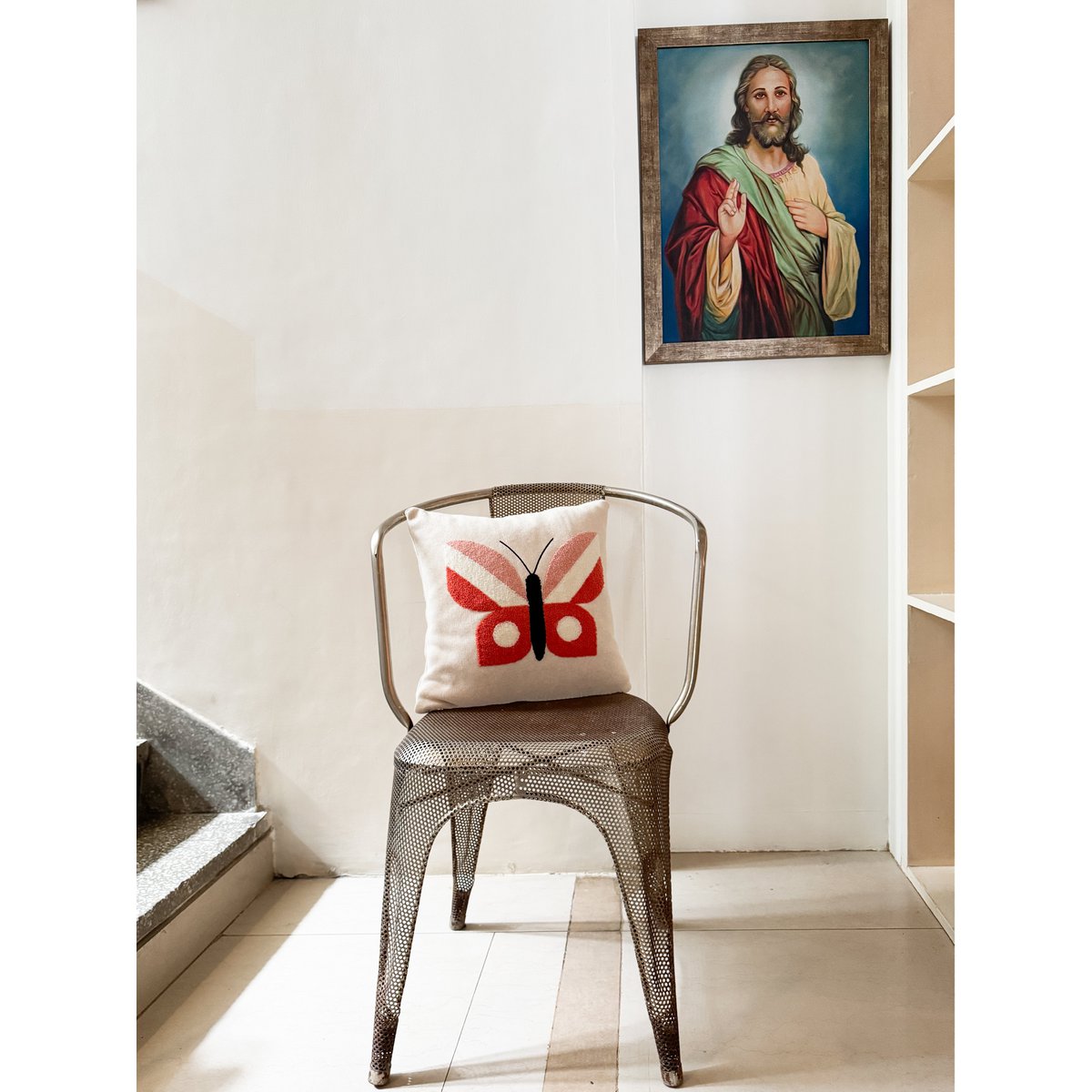 Butterfly cushion pink, soft cotton knitted with punchneedle embroidery.