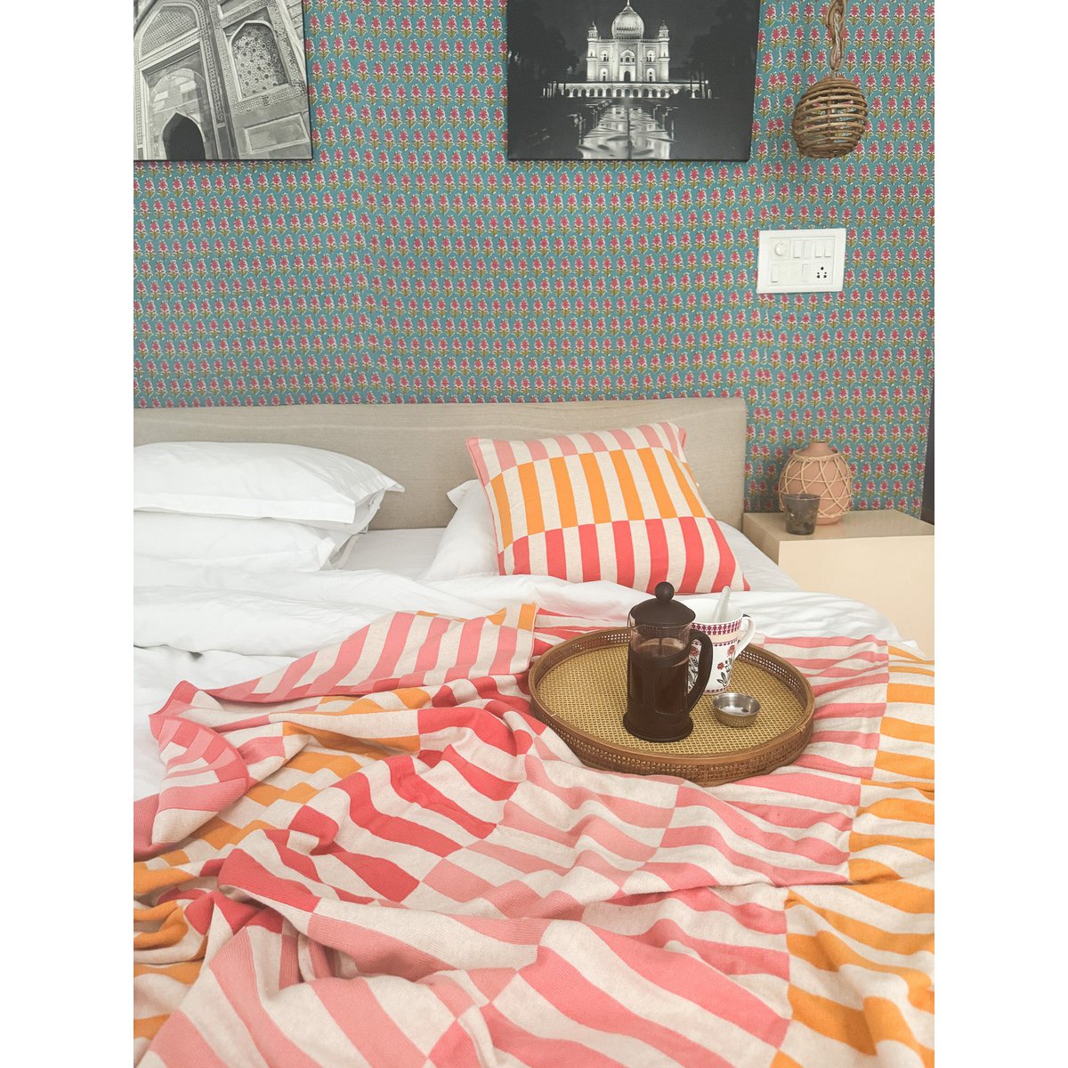 Mojo deken roze, zachte jacquard gebreide katoen.