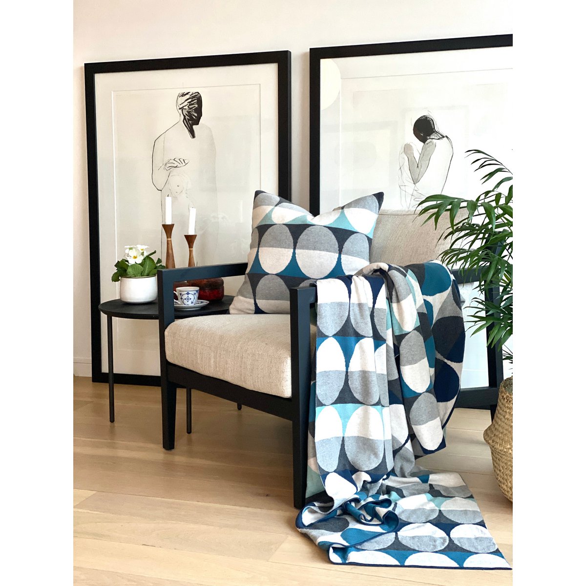 Olivia deken blauw, zacht jacquard gebreide katoen