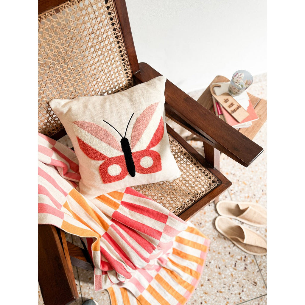 Butterfly cushion pink, soft cotton knitted with punchneedle embroidery.