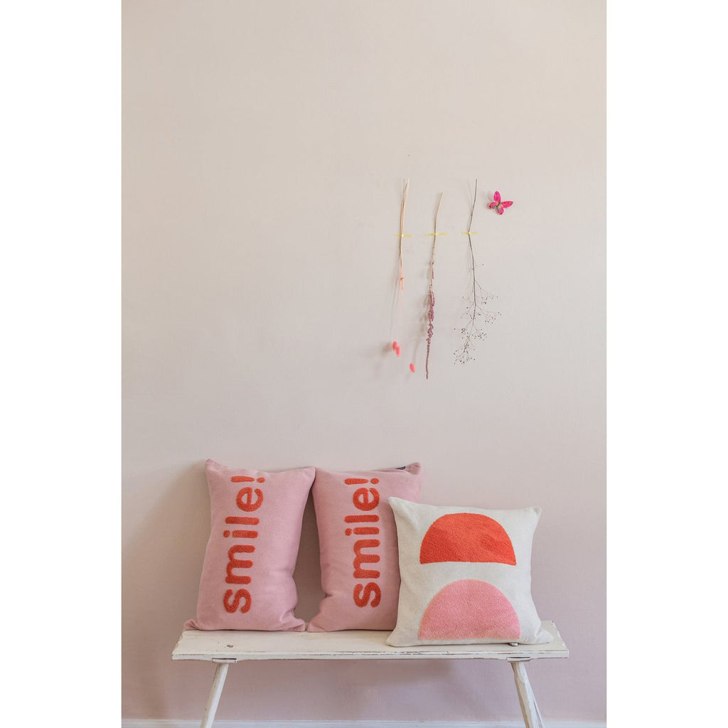 Smile cushion pink, punch needle embroidery