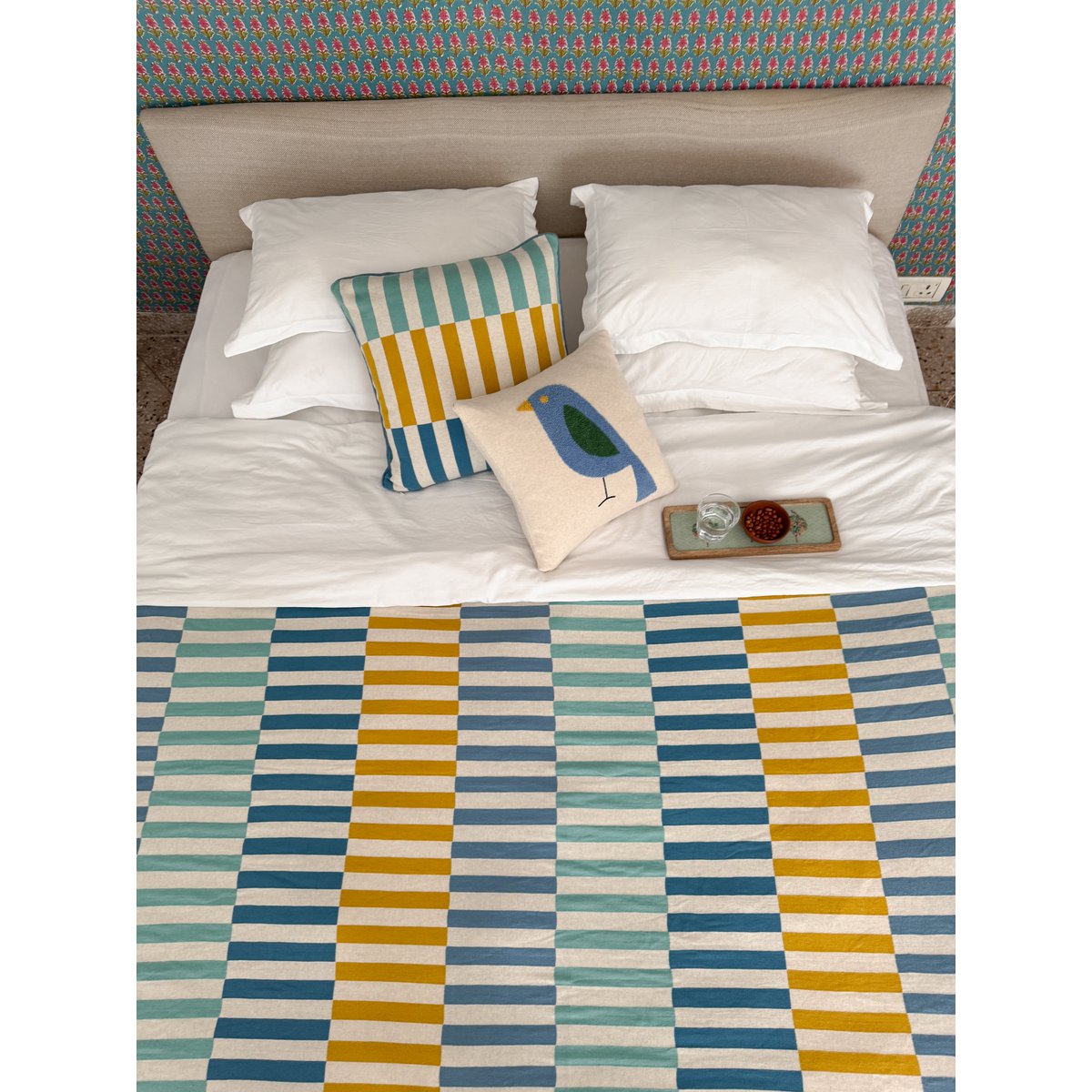 Mojo deken blauw, zacht Jacquard gebreide katoen.