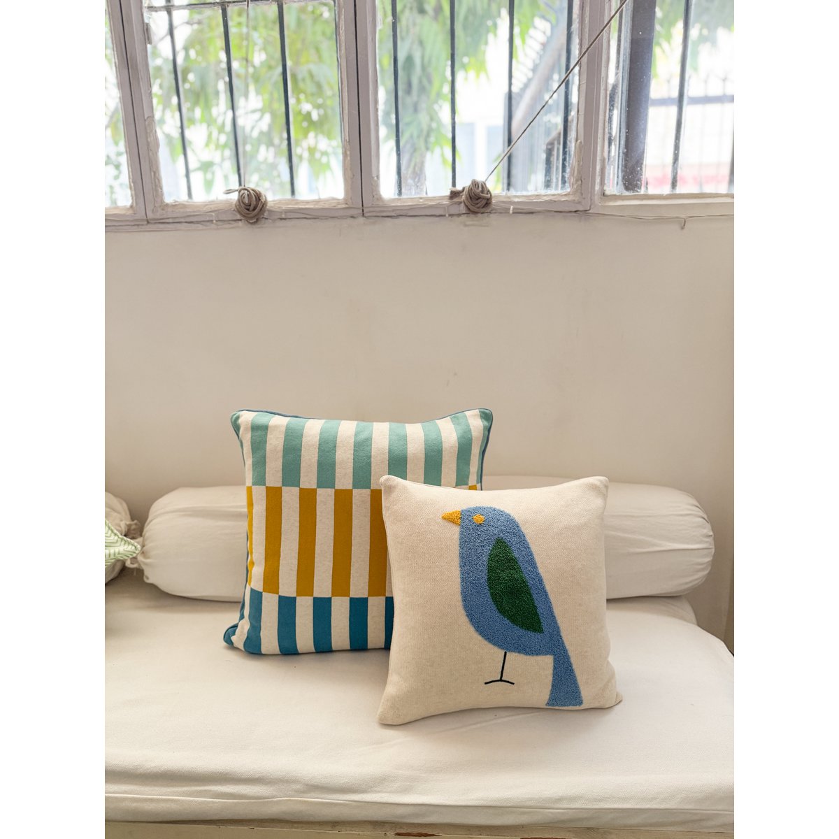 Birdy cushion blue, soft cotton knitted with punch needle embroidery