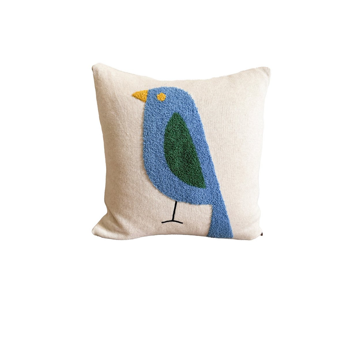 Birdy cushion blue, soft cotton knitted with punch needle embroidery