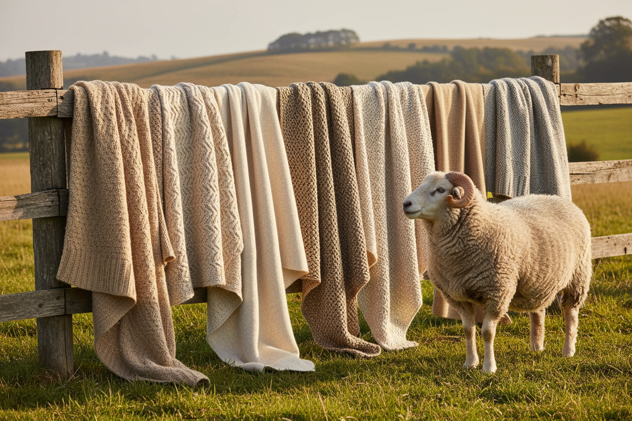 Meerdere wollen dekens gedrapeerd over hek met merinoschaap